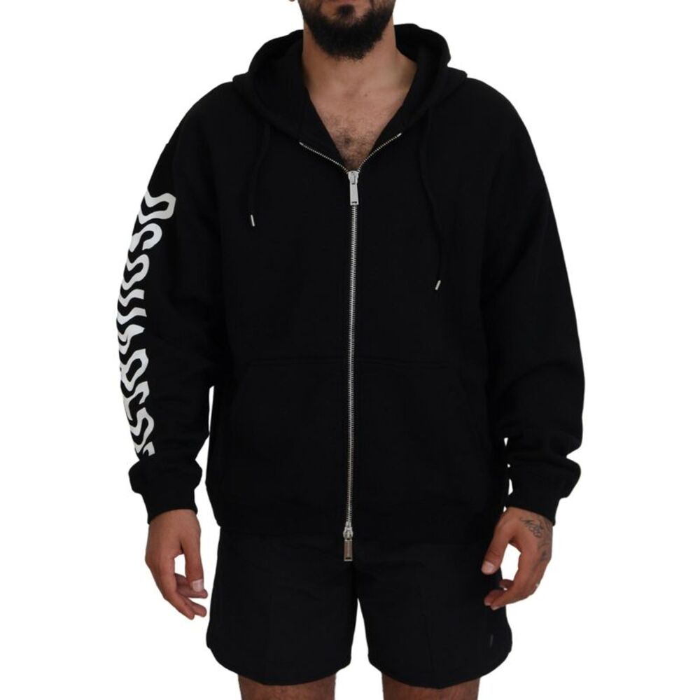 Dsquared² Black Hooded Full Zip Printed Sleeves Men's Sweater